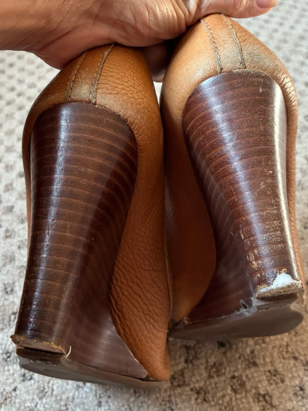 Tory Burch Tan Leather Peep-Toe Wedges with Logo Medallion